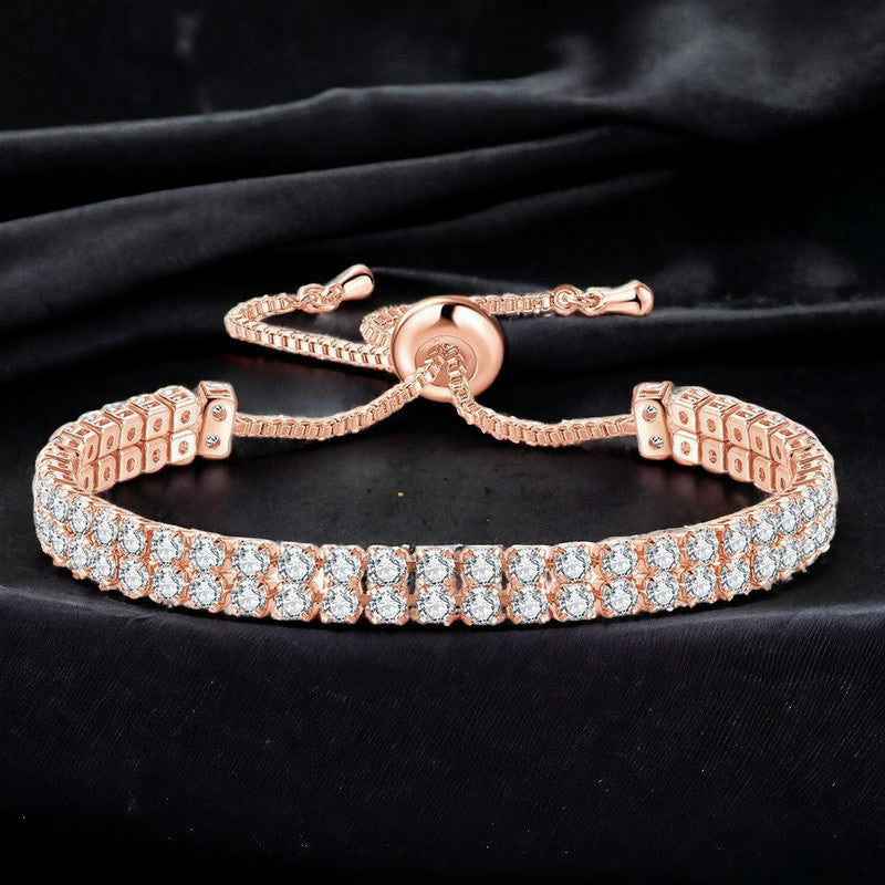 Jewels Galaxy Rose Gold Plated Dual Strand Round Cut CZ White Matrix Tennis Bracelet