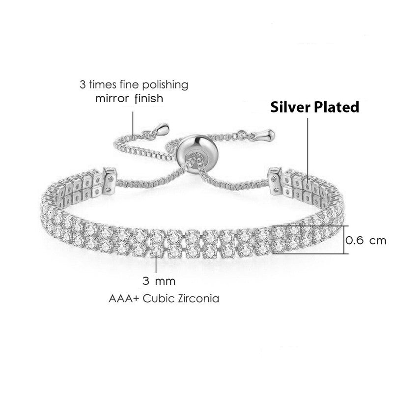 Jewels Galaxy Silver Plated Dual Strand Round Cut CZ White Matrix Anti Tarnish Tennis Bracelet