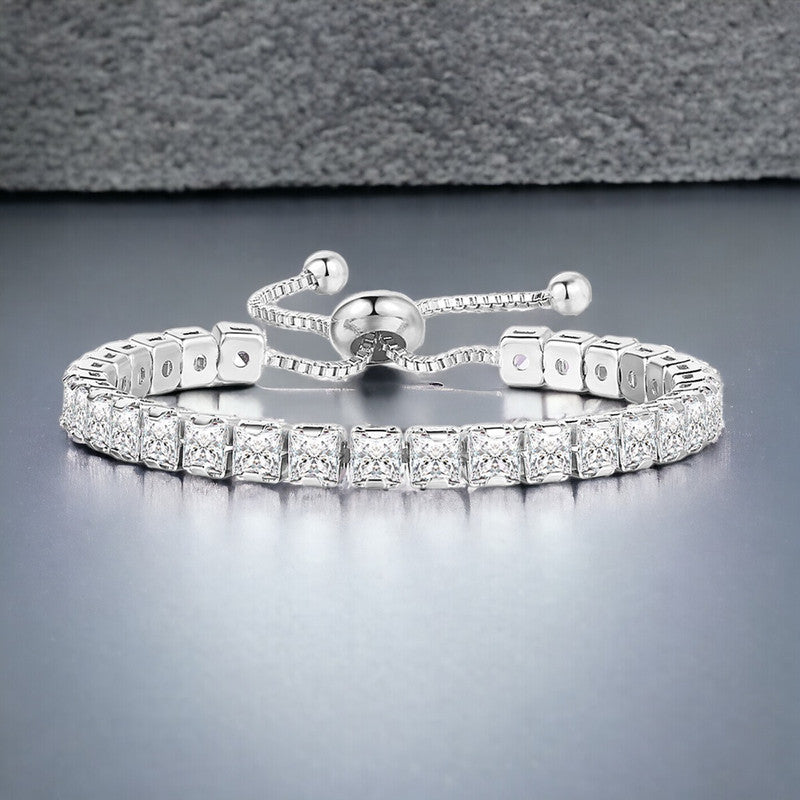 Jewels Galaxy Silver Plated Square Cut CZ White Matrix Anti Tarnish Tennis Bracelet