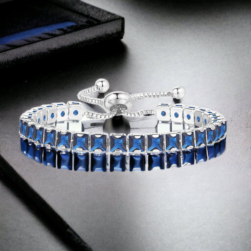 Jewels Galaxy Silver Plated Square Cut CZ Navy Blue Matrix Anti Tarnish Tennis Bracelet