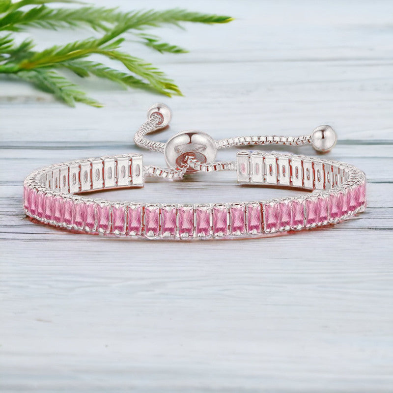 Jewels Galaxy Silver Plated Rectangular Cut CZ Pink.. Matrix Anti Tarnish Tennis Bracelet