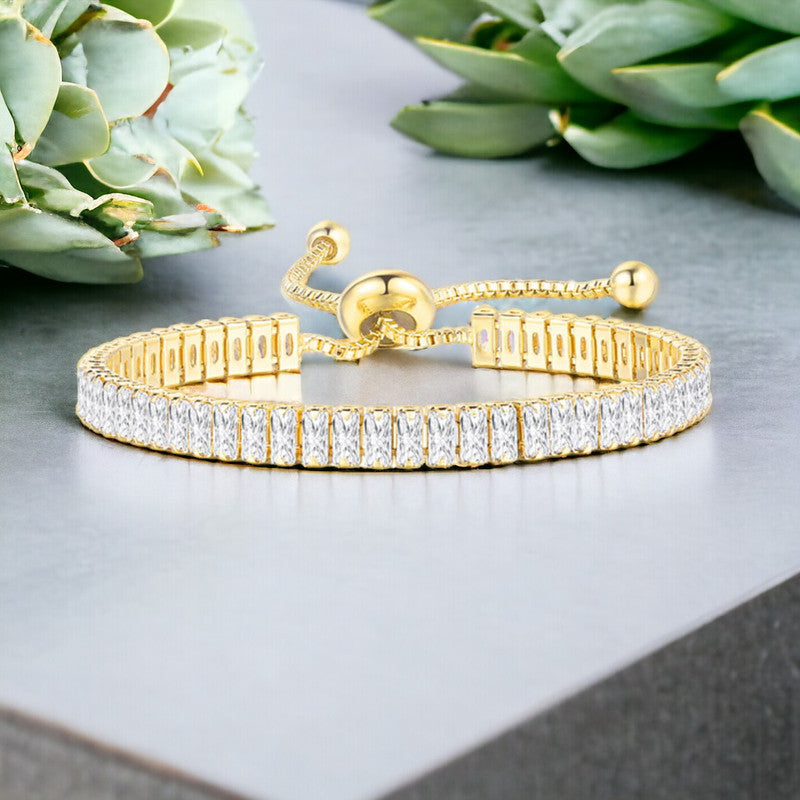 Jewels Galaxy Gold Plated Rectangular Cut Cubic Zirconia White Matrix Tennis Bracelet