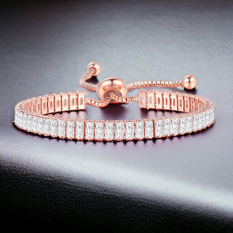 Jewels Galaxy Rose Gold Plated Rectangular Cut Cubic Zirconia White Matrix Tennis Bracelet