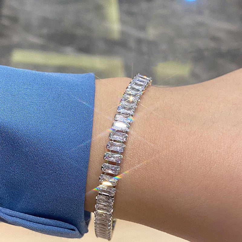 Jewels Galaxy Silver Plated Rectangular Cut CZ White Matrix Anti Tarnish Tennis Bracelet