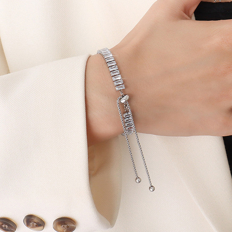 Jewels Galaxy Silver Plated Rectangular Cut CZ White Matrix Anti Tarnish Tennis Bracelet