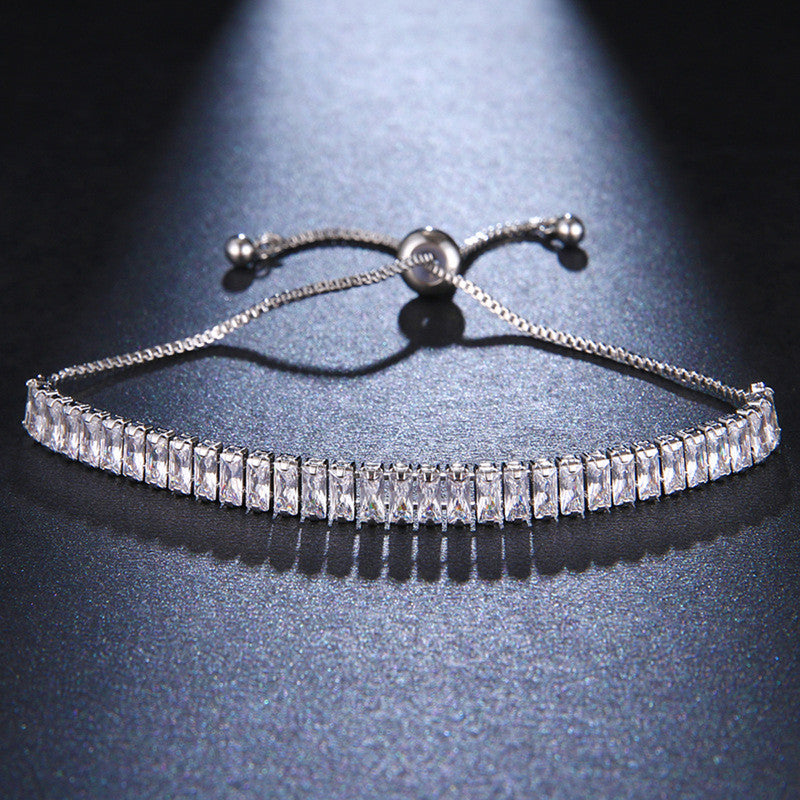 Jewels Galaxy Silver Plated Rectangular Cut CZ White Matrix Anti Tarnish Tennis Bracelet