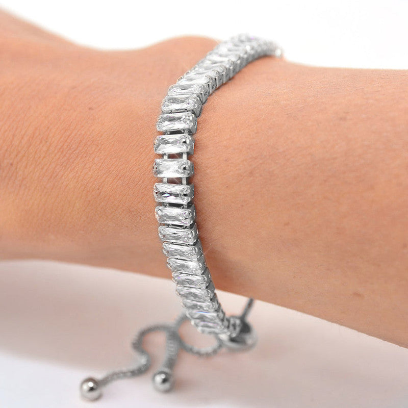 Jewels Galaxy Silver Plated Rectangular Cut CZ White Matrix Anti Tarnish Tennis Bracelet