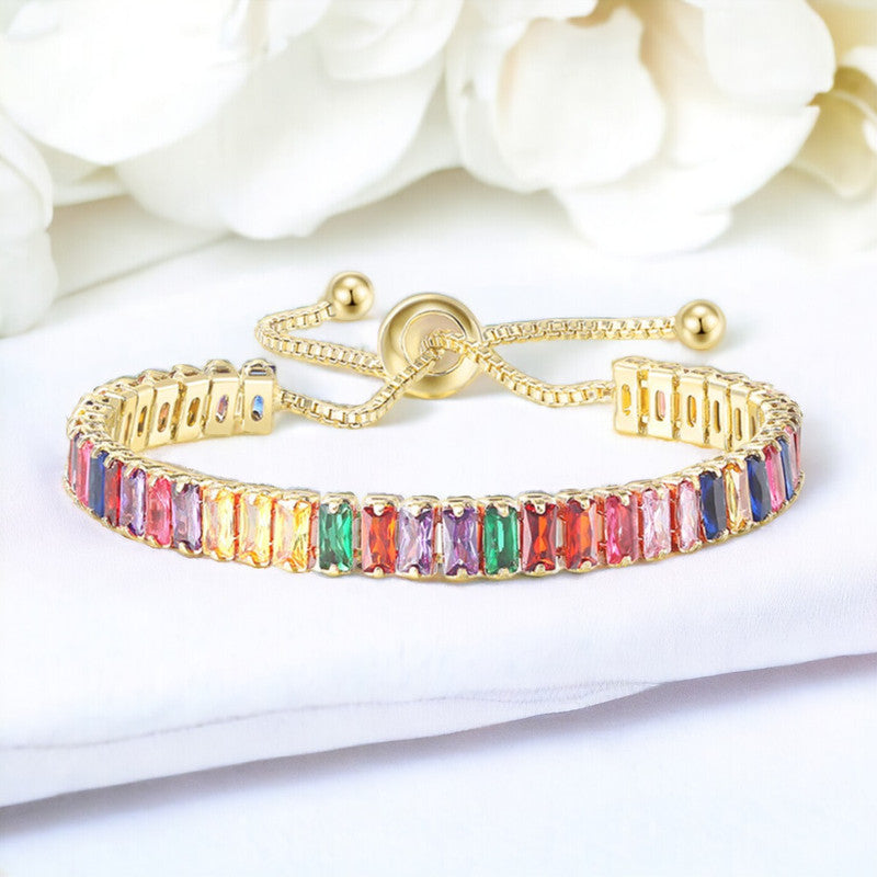 Jewels Galaxy Gold Plated Rectangular Cut Cubic Zirconia Multicolor Matrix Tennis Bracelet