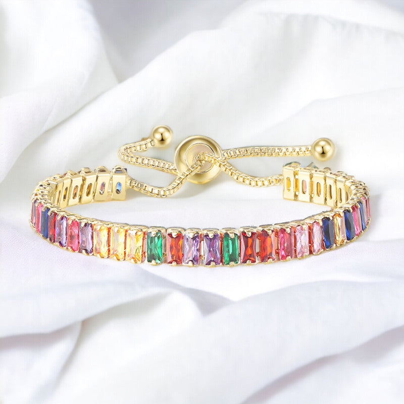 Jewels Galaxy Gold Plated Rectangular Cut Cubic Zirconia Multicolor Matrix Tennis Bracelet