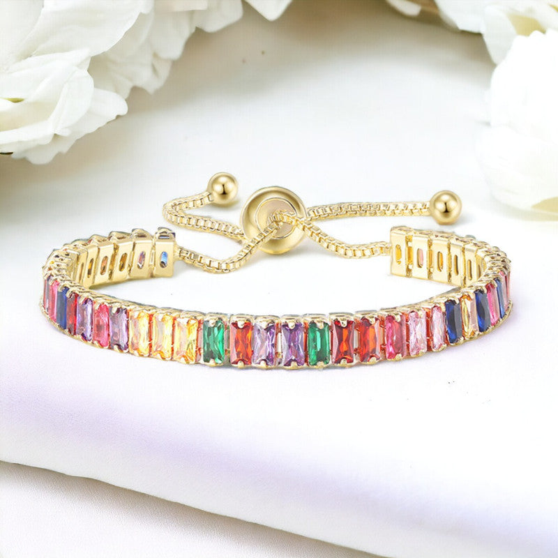 Jewels Galaxy Gold Plated Rectangular Cut Cubic Zirconia Multicolor Matrix Tennis Bracelet