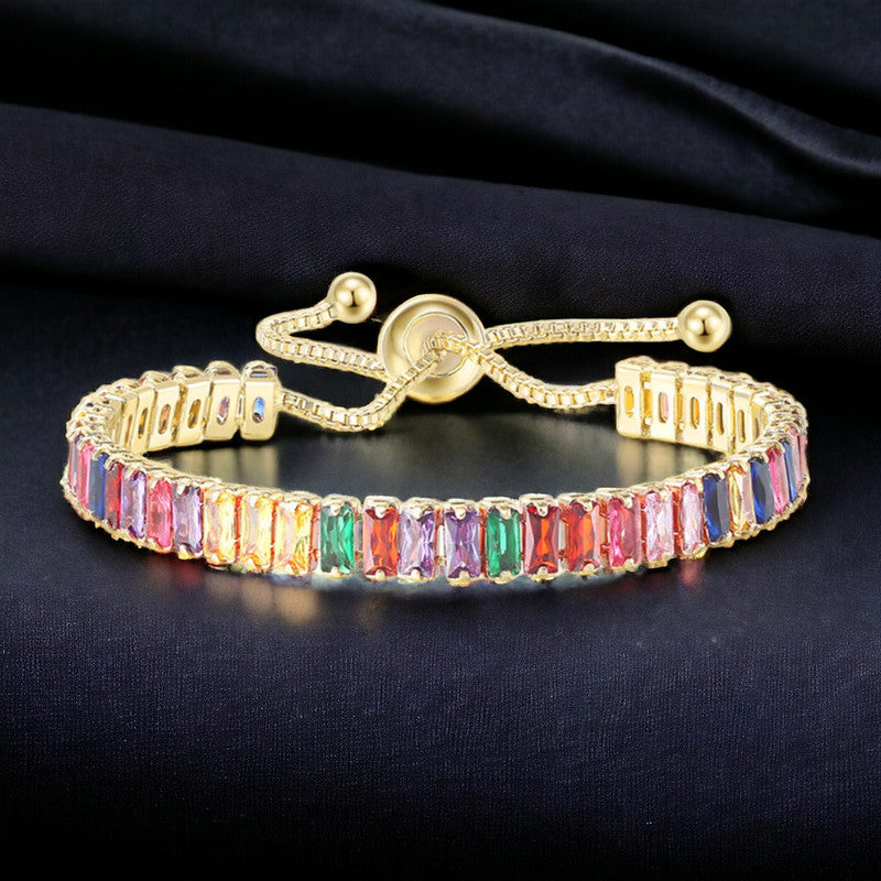 Jewels Galaxy Gold Plated Rectangular Cut Cubic Zirconia Multicolor Matrix Tennis Bracelet