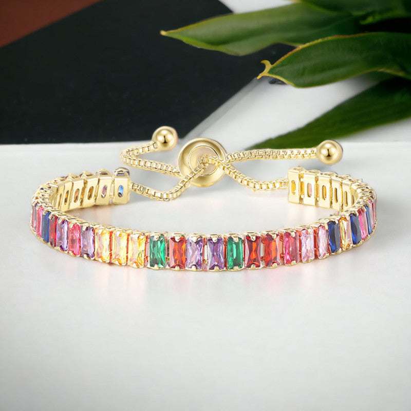 Jewels Galaxy Gold Plated Rectangular Cut Cubic Zirconia Multicolor Matrix Tennis Bracelet