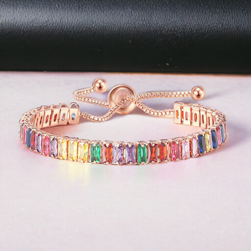 Jewels Galaxy Rose Gold Plated Rectangular Cut CZ Multicolor Matrix Tennis Bracelet