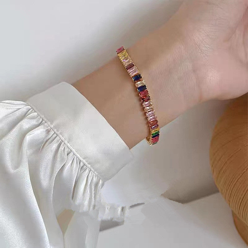 Jewels Galaxy Rose Gold Plated Rectangular Cut CZ Multicolor Matrix Tennis Bracelet