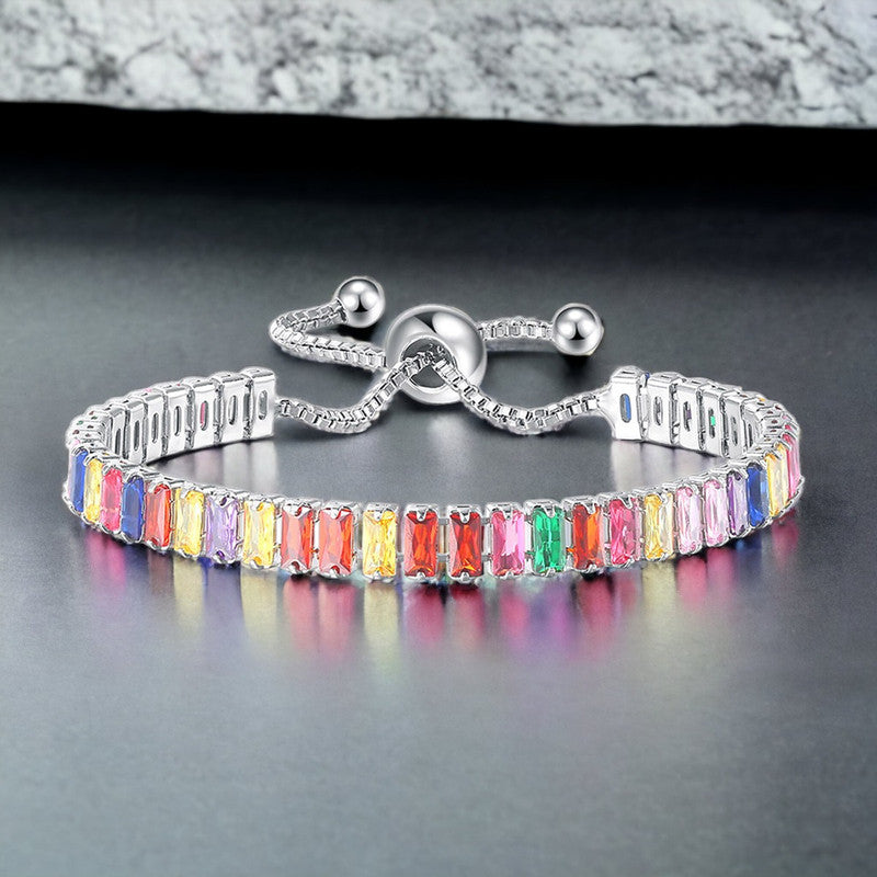 Jewels Galaxy Silver Plated Rectangular Cut CZ Multicolor Matrix Anti Tarnish Tennis Bracelet