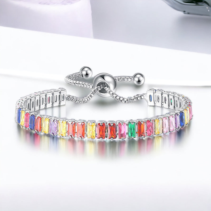 Jewels Galaxy Silver Plated Rectangular Cut CZ Multicolor Matrix Anti Tarnish Tennis Bracelet