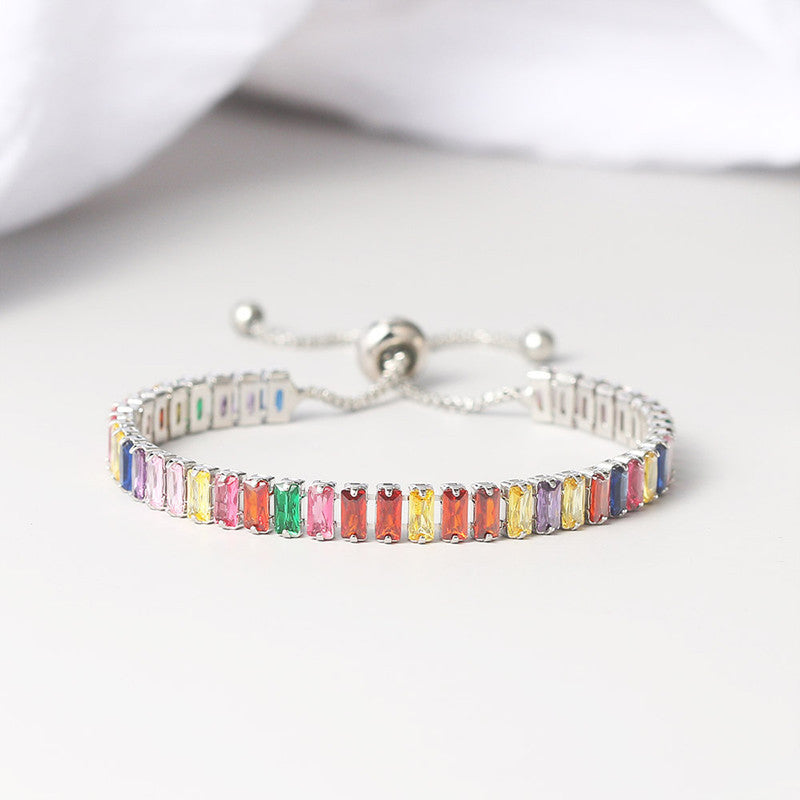 Jewels Galaxy Silver Plated Rectangular Cut CZ Multicolor Matrix Anti Tarnish Tennis Bracelet