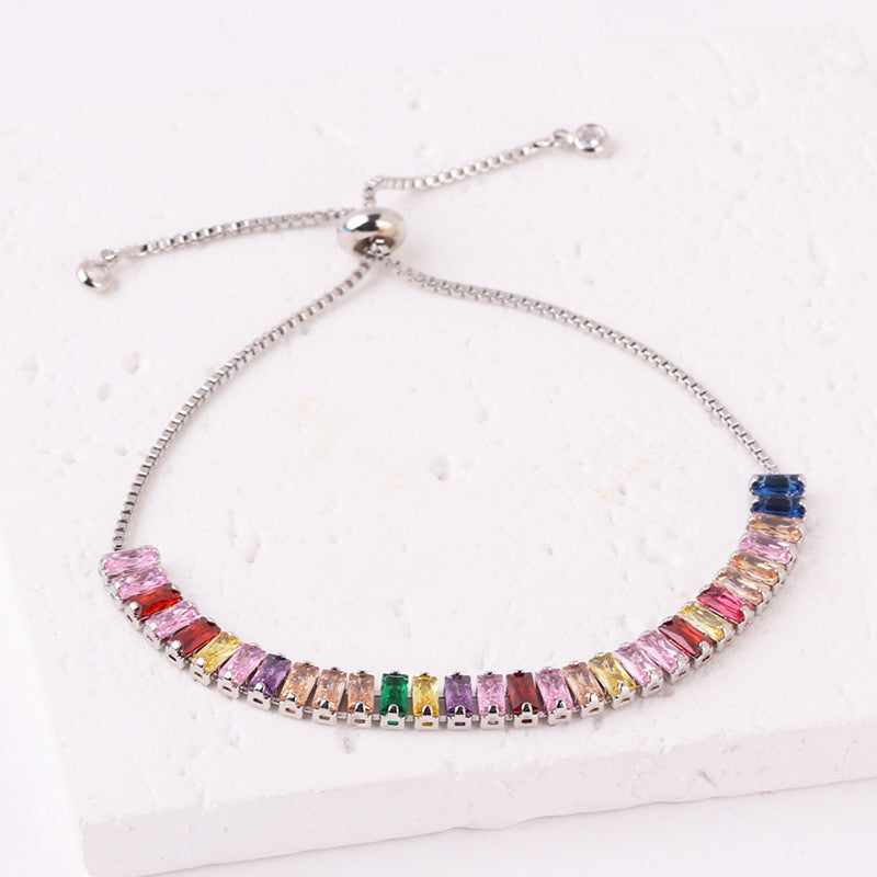 Jewels Galaxy Silver Plated Rectangular Cut CZ Multicolor Matrix Anti Tarnish Tennis Bracelet