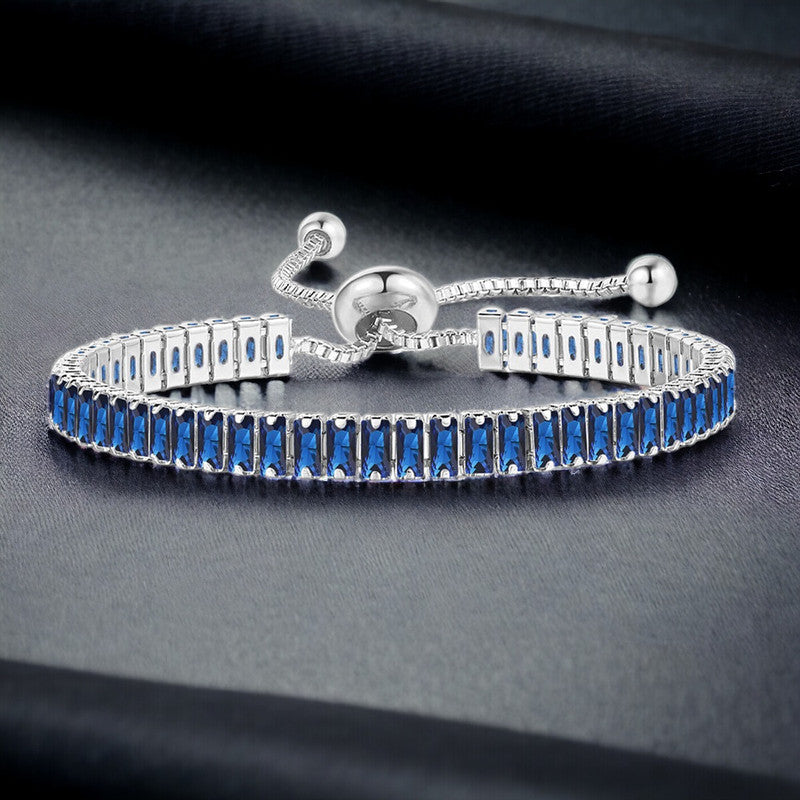 Jewels Galaxy Silver Plated Rectangular Cut CZ Navy Blue Matrix Anti Tarnish Tennis Bracelet