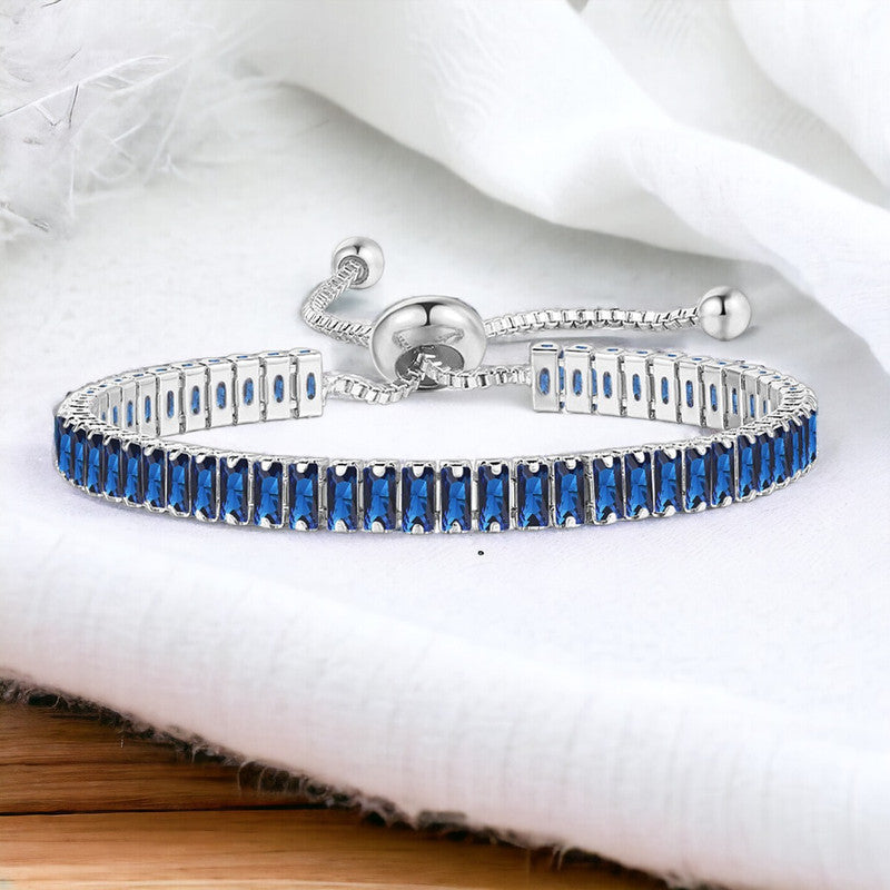 Jewels Galaxy Silver Plated Rectangular Cut CZ Navy Blue Matrix Anti Tarnish Tennis Bracelet
