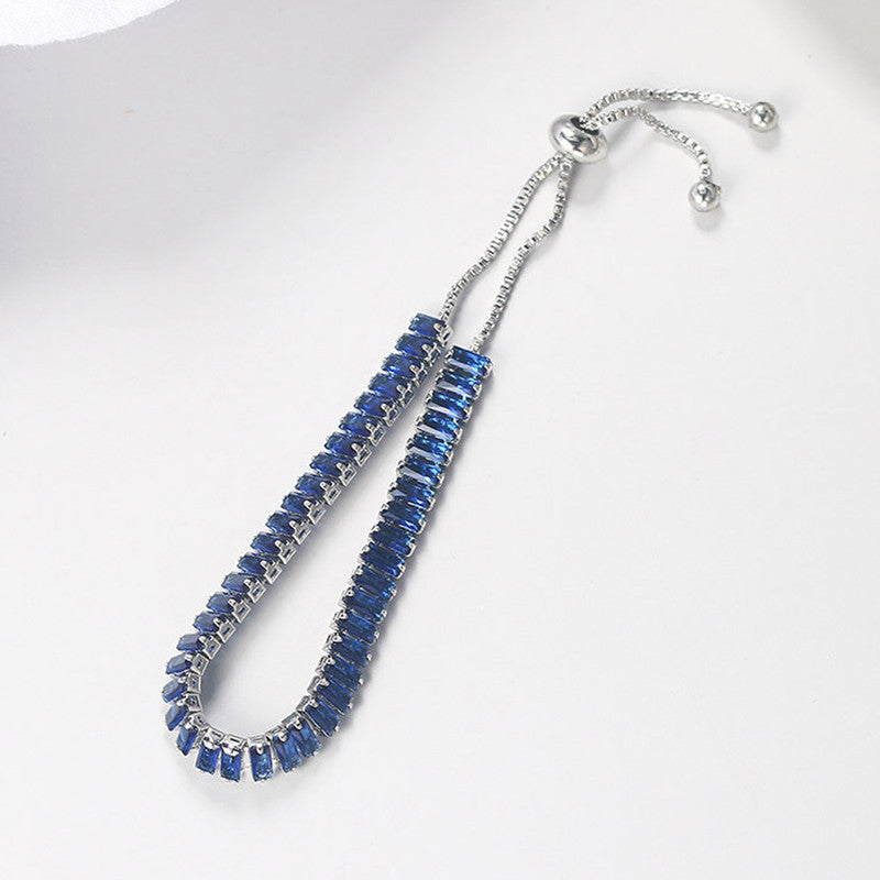 Jewels Galaxy Silver Plated Rectangular Cut CZ Navy Blue Matrix Anti Tarnish Tennis Bracelet