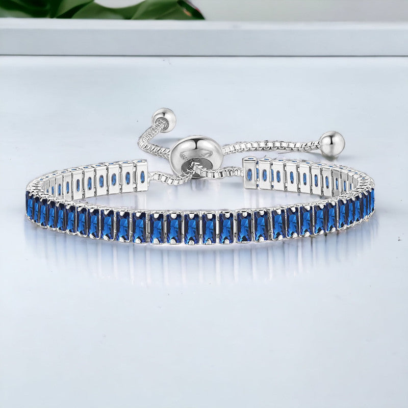 Jewels Galaxy Silver Plated Rectangular Cut CZ Navy Blue Matrix Anti Tarnish Tennis Bracelet