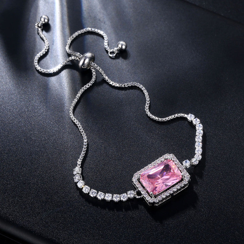 Jewels Galaxy Silver Plated Rectangular Crystal Studded Matrix Anti Tarnish Tennis Bracelet