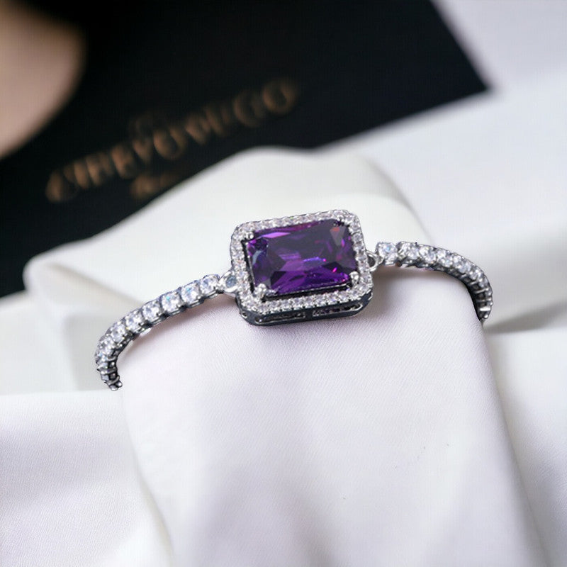 Jewels Galaxy Silver Plated Rectangular Crystal Studded Matrix Anti Tarnish Tennis Bracelet