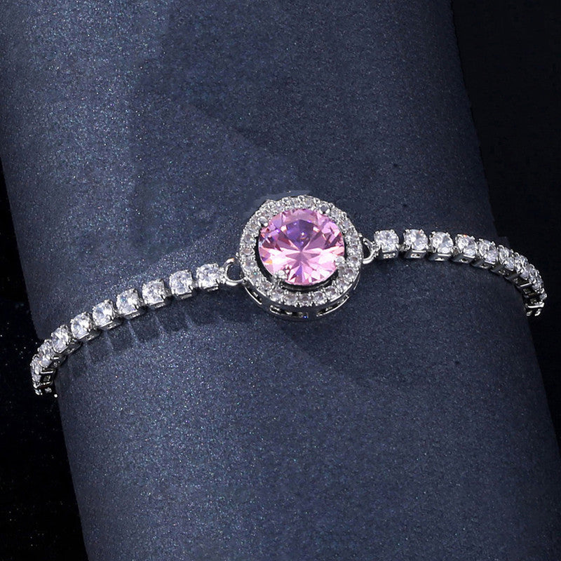 Jewels Galaxy Silver Plated Round Crystal Studded Matrix Anti Tarnish Tennis Bracelet