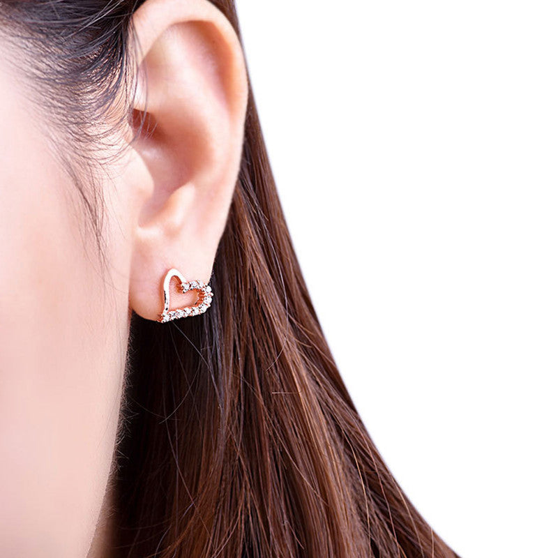 Jewels Galaxy Rose Gold Plated American Diamond Studded Heart Shape Korean Stud Earrings