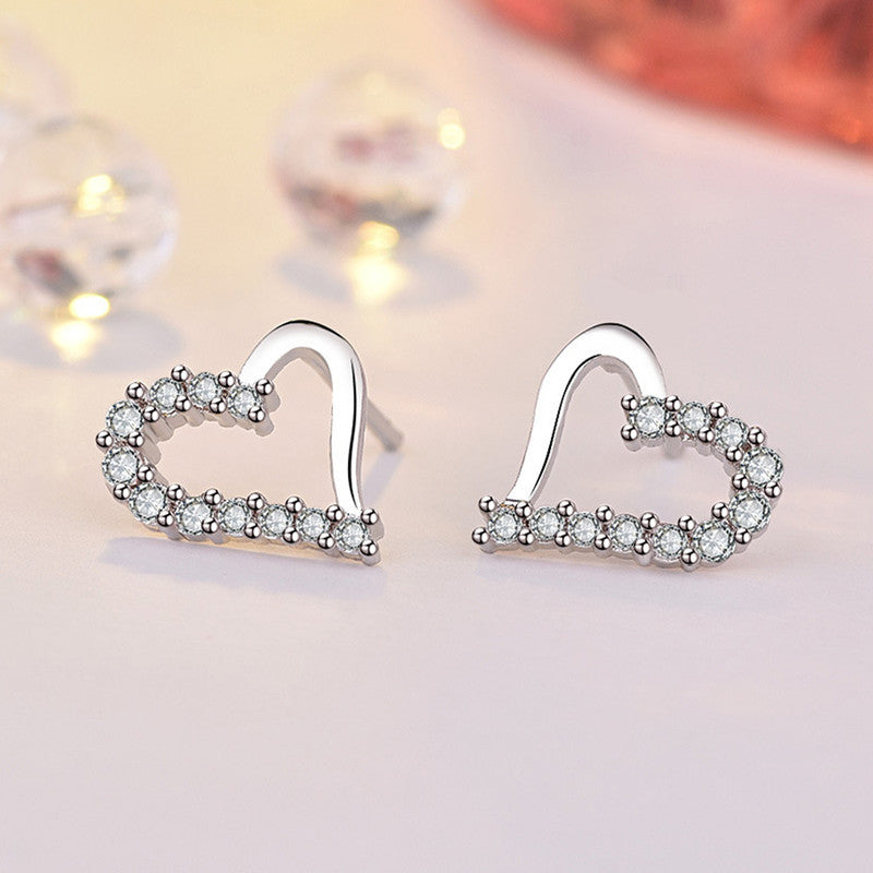 Jewels Galaxy Silver Plated American Diamond Studded Heart Shape Korean Stud Earrings