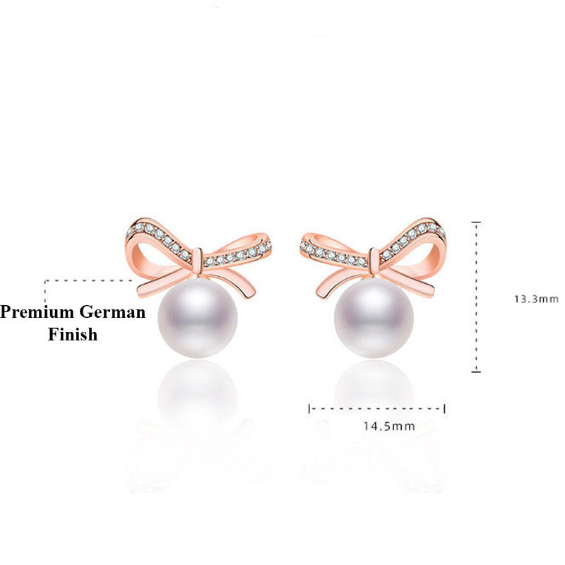 Jewels Galaxy Rose Gold Plated American Diamond Studded Bow-Tie Shape Korean Stud Earrings