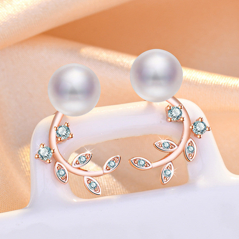 Jewels Galaxy Rose Gold Plated American Diamond Studded Pearl Leaf Korean Stud Earrings