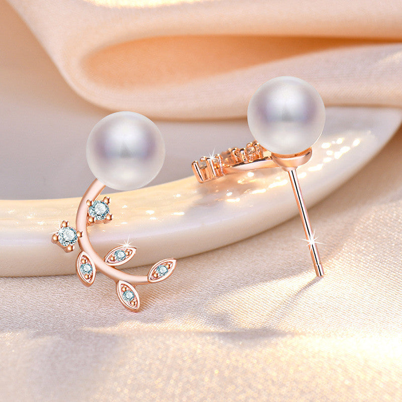 Jewels Galaxy Rose Gold Plated American Diamond Studded Pearl Leaf Korean Stud Earrings