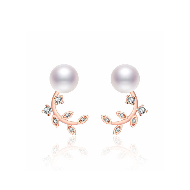 Jewels Galaxy Rose Gold Plated American Diamond Studded Pearl Leaf Korean Stud Earrings