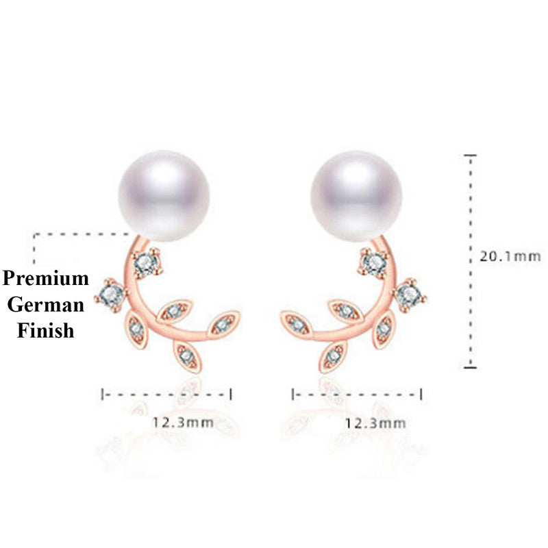 Jewels Galaxy Rose Gold Plated American Diamond Studded Pearl Leaf Korean Stud Earrings