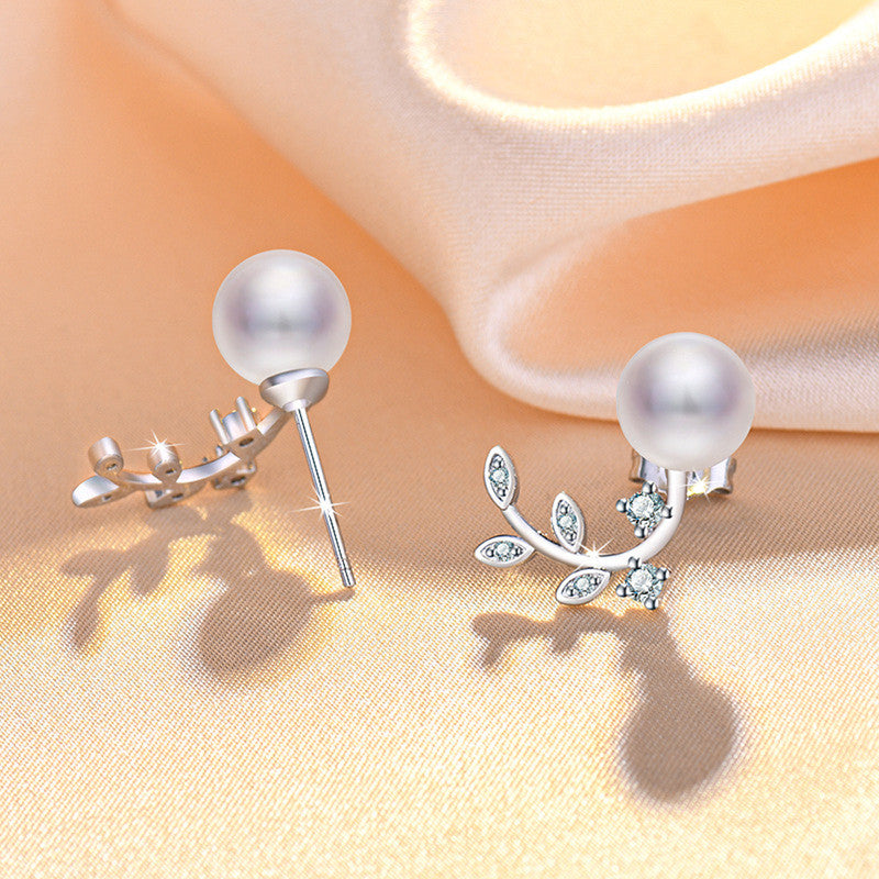 Jewels Galaxy Silver Plated American Diamond Studded Pearl Leaf Korean Stud Earrings