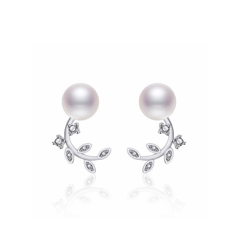 Jewels Galaxy Silver Plated American Diamond Studded Pearl Leaf Korean Stud Earrings