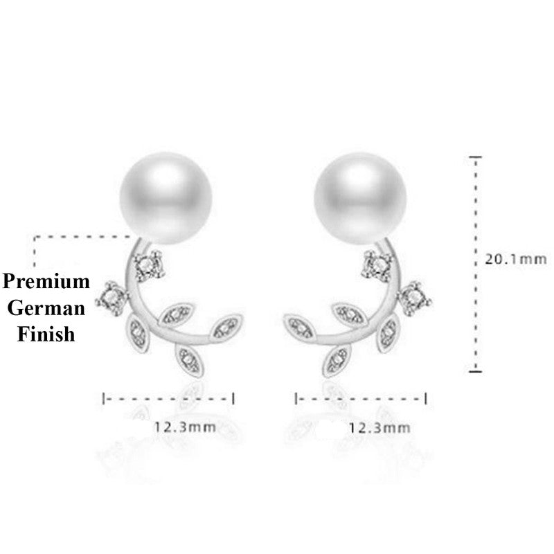Jewels Galaxy Silver Plated American Diamond Studded Pearl Leaf Korean Stud Earrings