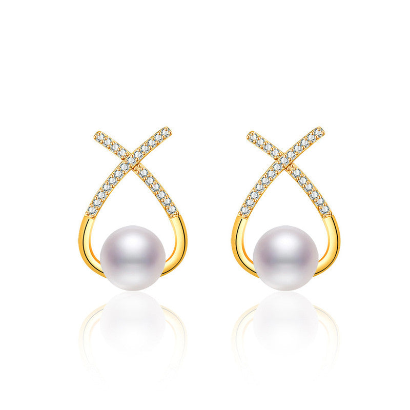 Jewels Galaxy Gold Plated American Diamond Studded Cross Shape Korean Stud Earrings
