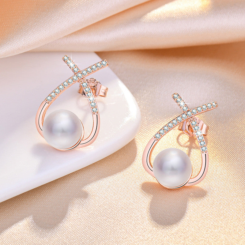 Jewels Galaxy Rose Gold Plated American Diamond Studded Cross Shape Korean Stud Earrings