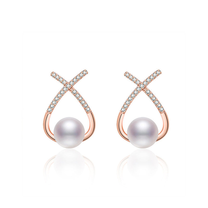 Jewels Galaxy Rose Gold Plated American Diamond Studded Cross Shape Korean Stud Earrings