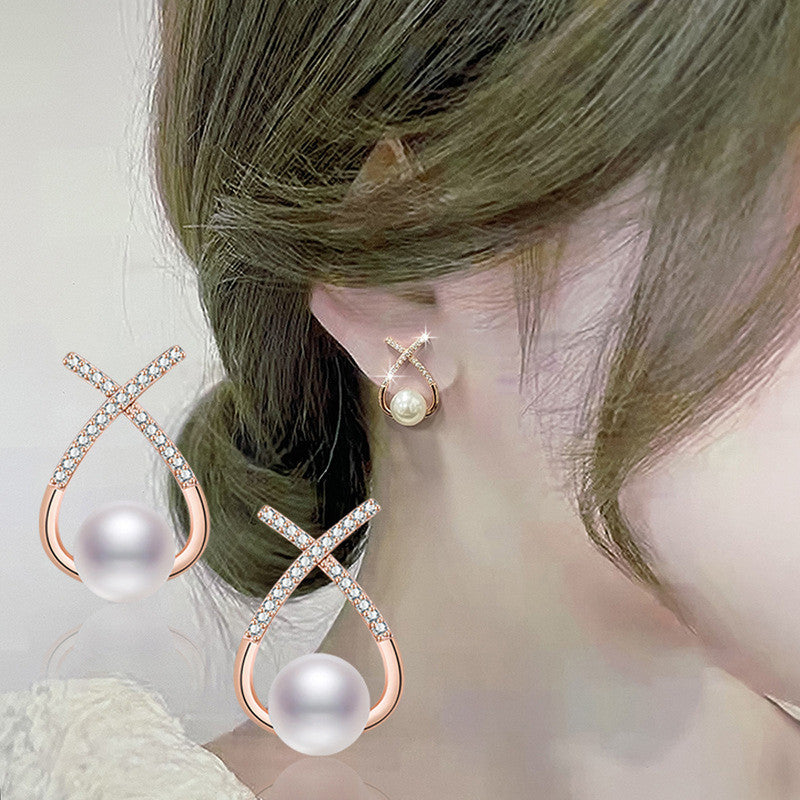 Jewels Galaxy Rose Gold Plated American Diamond Studded Cross Shape Korean Stud Earrings