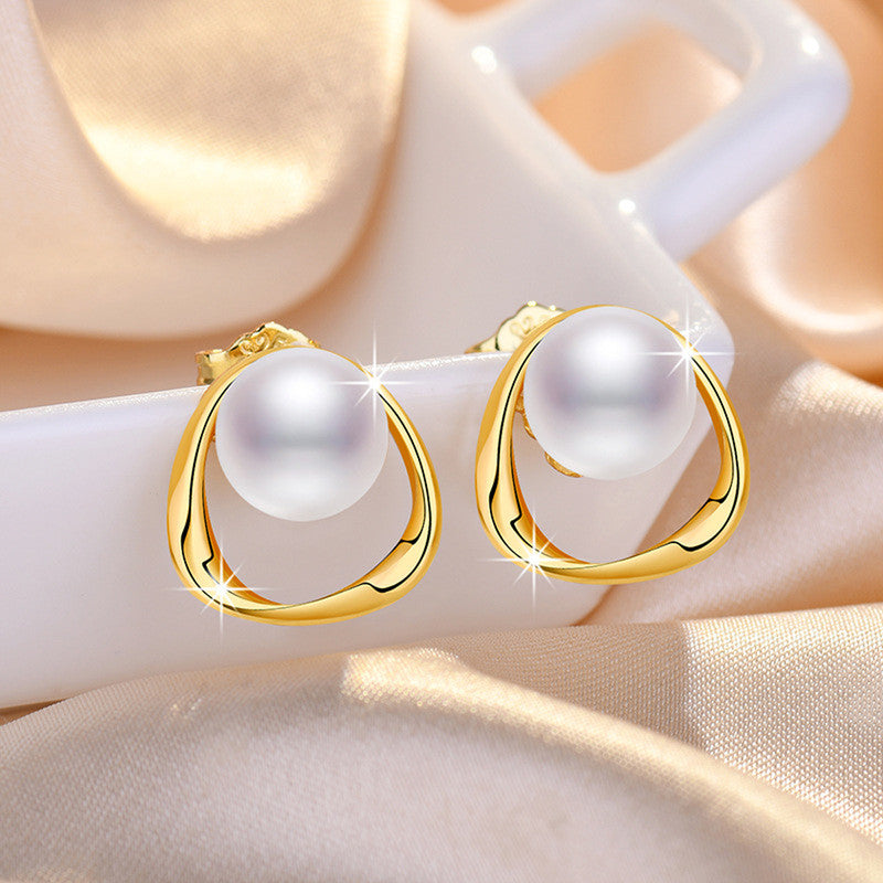 Jewels Galaxy Gold Plated Triangle Shaped Pearl Studded Korean Stud Earrings