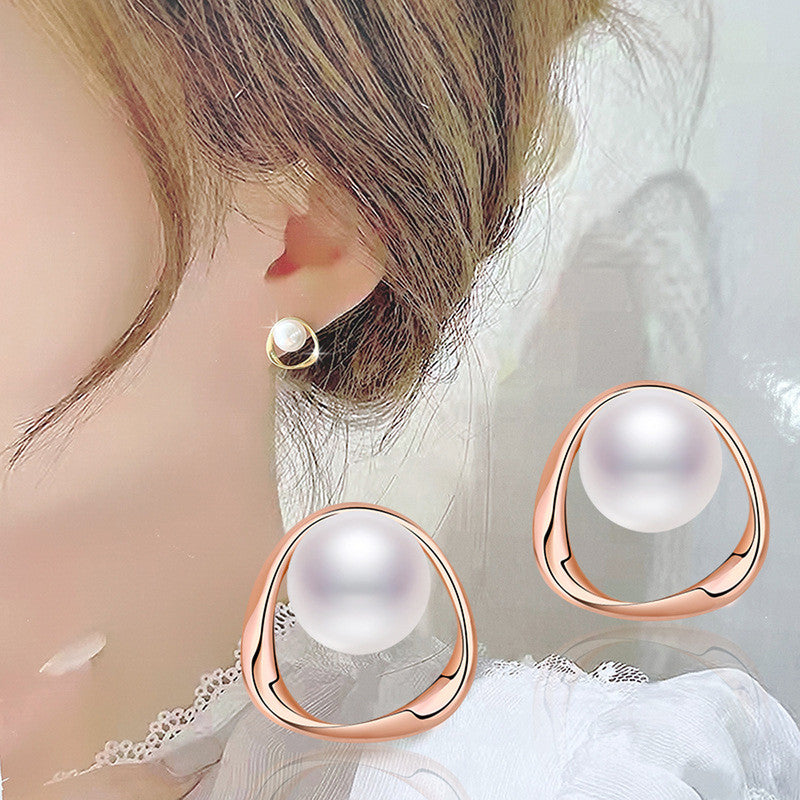 Jewels Galaxy Rose Gold Plated Triangle Shaped Pearl Studded Korean Stud Earrings