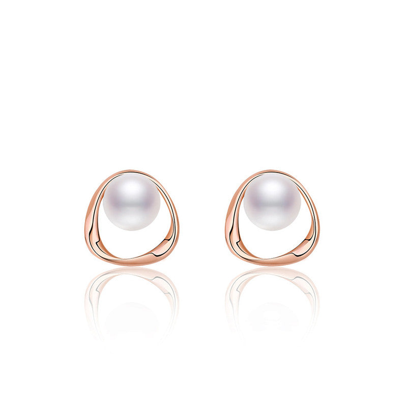 Jewels Galaxy Rose Gold Plated Triangle Shaped Pearl Studded Korean Stud Earrings