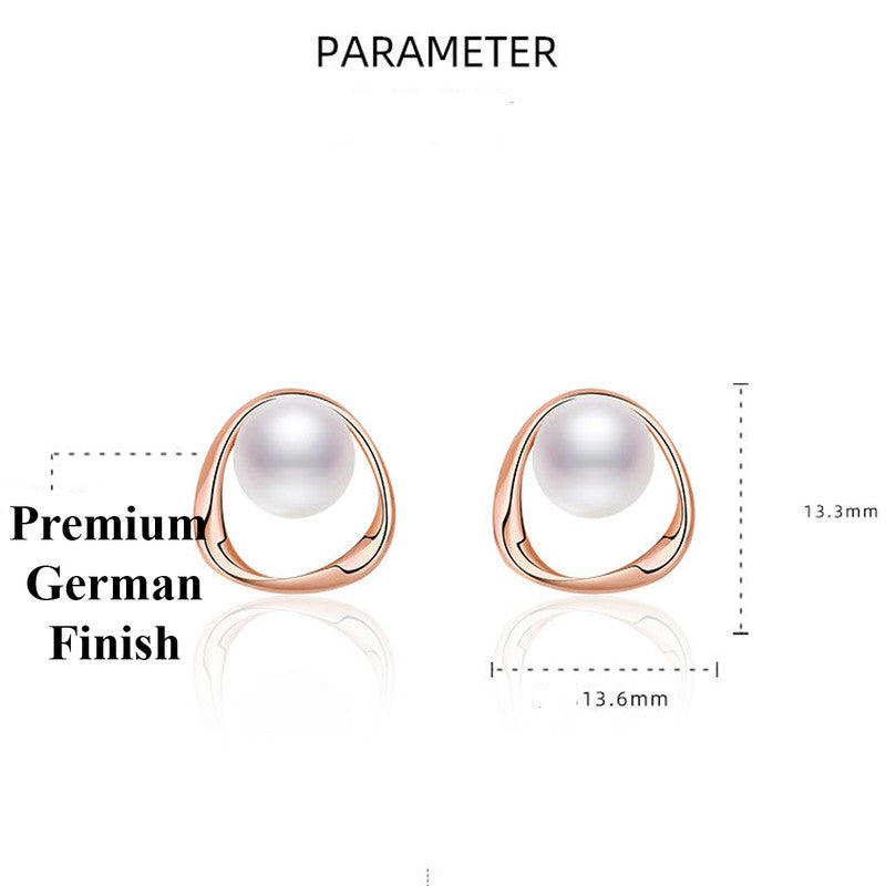 Jewels Galaxy Rose Gold Plated Triangle Shaped Pearl Studded Korean Stud Earrings