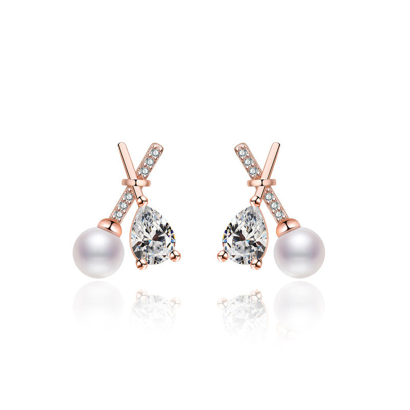 Jewels Galaxy Rose Gold Plated American Diamond Studded Cross Shape Korean Stud Earrings