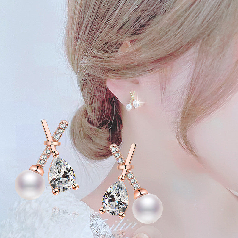 Jewels Galaxy Rose Gold Plated American Diamond Studded Cross Shape Korean Stud Earrings