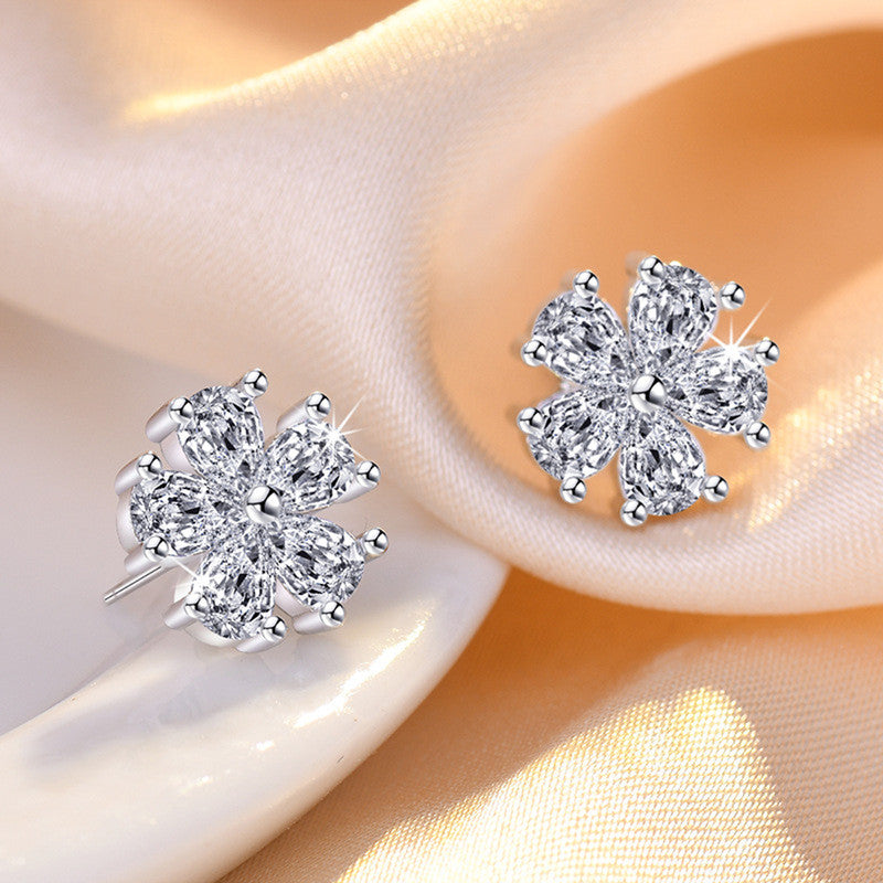 Jewels Galaxy Silver Plated American Diamond Studded Floral Korean Stud Earrings